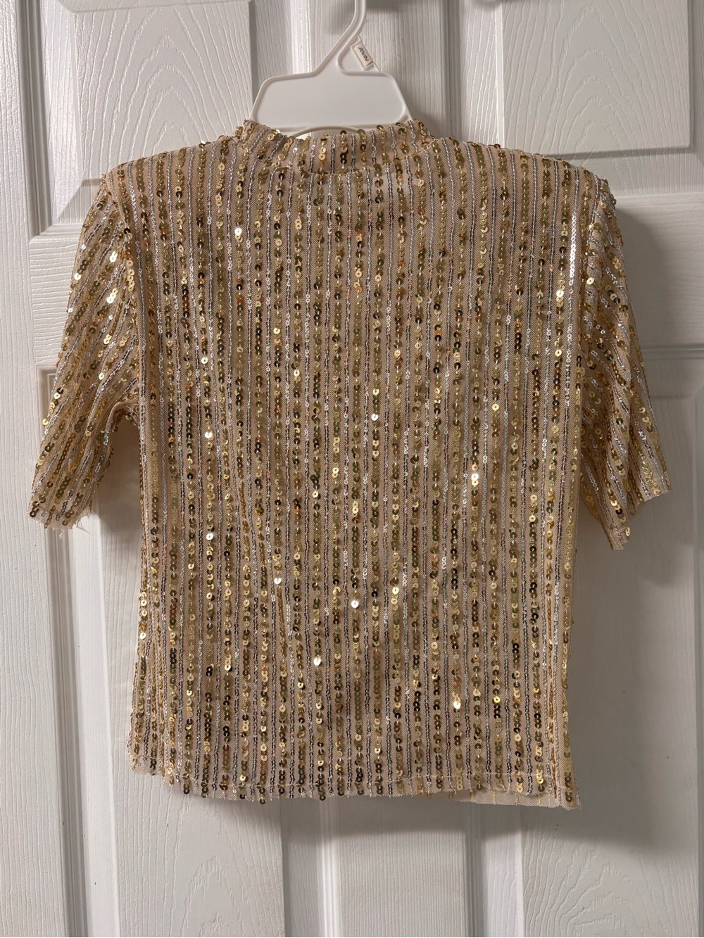 Zara Silver and Gold Sequin Short Sleeve Tee with Shoulder Pads - Picture 2 of 4